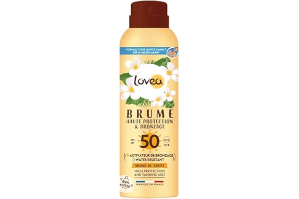 LOVEA - Brume Solaire FPS 50 - Haute Protection & Bronzage Visage & Corps - Activateur de Bronzage - Monoï De Tahiti - Protection UVA/UVB - Fini Invisible - Vegan - Fabriqué En France - 150 ml