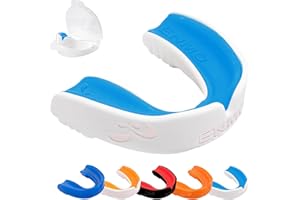 Enmo Maxilla Gel Gum Shield - Adult & Junior 10+ Mouth Guard with Case for Rugby, Boxing, Hockey and Contact Sports - Mouthguard with Boil & Bite, Breathing Channel Tech, Dual Layer - White/Blue