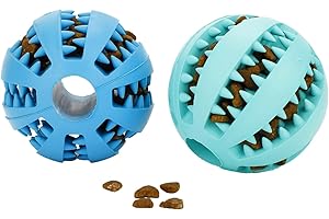 DEWEL Set de 2 Pelota Perro, Bolas Interactivos para Perros, Juguete Dispensador de Golosinas para Mascotas, Pelota Dental Perro Indestructible de Caucho, Azul y Verde 5cm