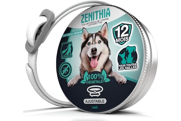 ZENITHIA Collier Anti Puces pour Chien - Collier Anti Puce Chien - Anti Tiques Haute Qualité - 12 Mois de Protection - 65cm Réglable Toutes Tailles - 100% Naturel - Imperméable déperlant (1 Unité)