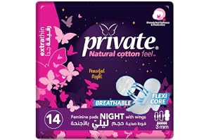 Private Natural Cotton Feel, Extra Thin, Night Sanitary Pads with Wings, 14