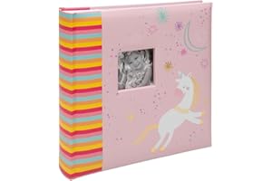 Kenro Album Photo avec Design de Licorne Rose aux Feuilles d'Or - Pochette 10x15 pour 200 Photos avec Dos Décoré de Rayures Vives