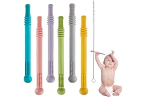 WUJUN 6Pack Hollow Teether Tubes, Silicone Baby Teether Toys, Chew Straws Toy for 3-12 Months Babies Molars, BPA Free/Freezable,with a Cleaning Brush,Dishwasher Safe (Hollow Set of 6)