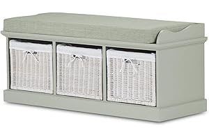 Tetbury Sage Green Storage Bench with 3 white baskets. Hallway bench with storage baskets and cushion seat. Fully Assembled