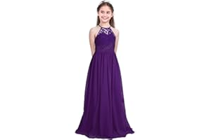Freebily Enfant Long Robe De Soirée Cocktail Fille Dentelle Fleur Costume De Cérémonie Mariage Fille Robe Princesse sans Manche Taille Haute 4-16 Ans
