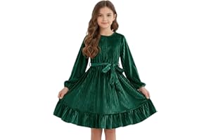 WISREMT Girls Long Sleeve Velvet Dress for Christmas Thanksgiving, Autumn Winter Warm Princess Dress for Teens Kids, A-line Trendy Dresses for Party Birthday Holiday Size 6 7 8 9 10 11 12 13 Years