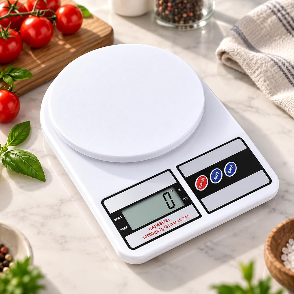 Krafz Mutfak Tartısı, Elektronik Hassas Mutfak Terazisi, Dijital Mutfak Tartısı, 10 kg Kapasite, 1 gr Hassasiyet, Dara Özellikli Mutfak Terazisi, Beyaz [Enerji Sınıfı A++]