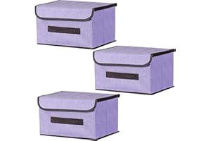 EURXLQ 3 Składane pudełko do przechowywania z pokrywką Składany pojemnik do z lnianej tkaniny z klapką i uchwytami, koc na ubrania do Domu, Szafa (Fioletowy, 26×19×16 cm)