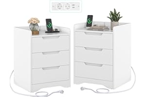 Brinlawb Juego de 2 Mesitas de Noche con Estación de Carga (2 Tomas AC, 2 Puertos USB) Mesita de Noche Blanca Mesas Auxiliares con 3 cajones para Dormitorio, Salón, Estudio, Fácil de Montar, Blanco