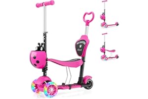 YOLEO 5-in-1 Kids Scooter with Removable Seat, LED Flashing Wheels Height Adjustable 3 Wheels Kick Scooter with Push Handle for Toddlers, Boys and Girls from 2 Years