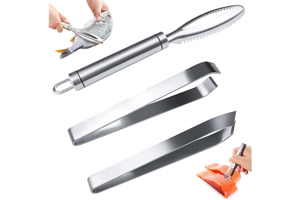 GZLCEU Ecailleur à Poisson Professionnel en Inox 304, Grattoir en Acier Inoxydable Dentelé pour Enlever Efficacement les écailles de Poissons +2 Pince Arrete Poisson