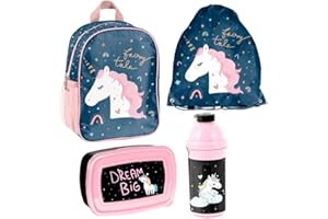 Familando Ensemble sac à dos pour fille 4 pièces avec sac de gym, boîte à sandwich et gourde pour la maternelle – Sac à dos pour enfant avec motif, Licorne magique, 22 x 28 x 10 cm, Moderne