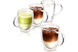 EZOWARE Tazas de Cafe de Vidrio Doble Pared, Vasos de Cristal Térmicos con Mango para Bebidas Calientes o Heladas, Café de Leche, Macchiato, Vino, Te - Set de 4, 350ml