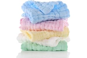 ChamXue Langes Bébé, Langes en Mousseline de Coton, Lot de 5 Langes 30x30cm, 6 Couches, Carrés Doux, Super Soft pour Peaux Sensibles pour Nouveaux (5 Couleurs 1 pcs, 30x30cm)