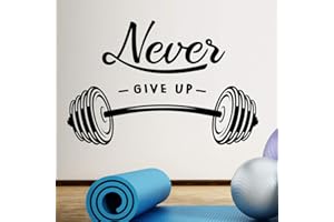 WALL4STICKERS Wandaufkleber „Never Give Up Barbell“ für Zuhause Fitnessstudio Motivation Workout Gewicht zum Aufhängen inspirierende Übungen, abnehmbarer Spruch Vinyl-Wandbild DIY-Design Innen-Training