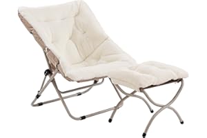 ‎TIITA Tiita Untertassenstuhl mit Ottomane, weicher übergroßer Klappstuhl aus Kunstfell, weicher pelziger Loungesessel, Mondstuhl mit Metallrahmen für Schlafzimmer, Wohnzimmer, Wohnheim, Garten und Hof