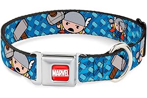 BUCKLE-DOWN Dog Collar Seatbelt Buckle Kawaii Thor Poses Hammer Monogram Blues 9 do 15 cali szerokość 1,0 cala