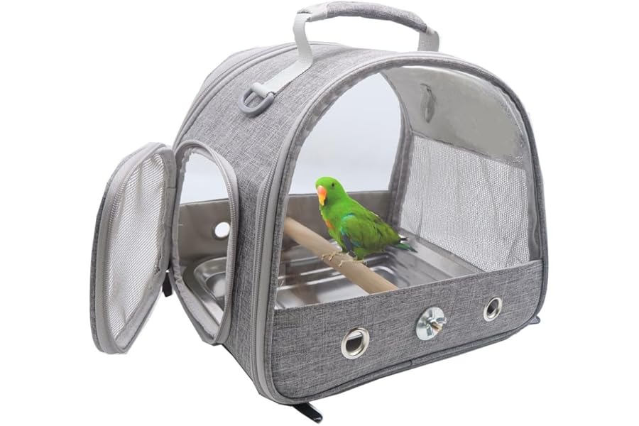 Bird Travel Carrier with Standing Perch and stainless Steel Tray,Breathable Collapsible Small Bird Carrier Travel Bag for Parrot Parakeet Small Animals for travel hiking Camping (Grey)