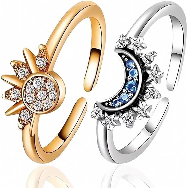 Uwiyo 2Pcs Ajustable Bagues Motif Lune Soleil Scintillantes Réglables Bague Bague D'amitié, Bijoux Lune Soleil Empilable, Pour Couples (Soleil D'argent + Lune D'argent