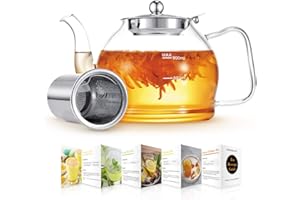 MINO ANT 1200ml Borosilicate Glass Teapot with Infuser - Scale Line Stovetop Safe Cover Brewer Guide for Blooming and Flowering Tea - 4-6 Cups
