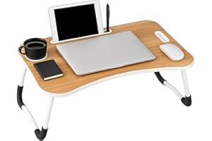 iTrend Laptop Bed Table, Laptop Desk with Foldable Legs & Cup Slot, Portable Tablet Notebook Stand Breakfast Bed Tray with Curved Design Charging Slot & Handle for Sofa, Bed, Terrace, Balcony, Walnut