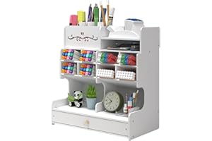 Vikmyer Portamatite in Legno, Organizer da Scrivania Portapenne Multifunzionale da Scrivania per Cancelleria per Ufficio a Casa Scaffale per Rifornimenti Scolastici con Cassetto Bianco-pb18