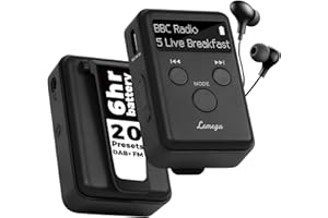 LEMEGA MINI GO DAB - Radio digitale portatile tascabile, mini radio sportiva DAB, clip sportiva e auricolari di lunghezza XL, batteria ricaricabile, ricarica rapida, 20 stazioni preimpostate, nero