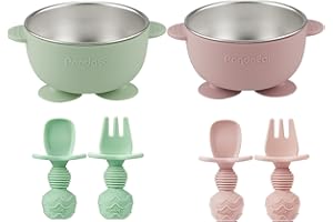 PandaEar Juego de 2 Cuencos con Ventosa de Acero Inoxidable para Bebé + 4 Utensilios de Silicona, Cuencos Antideslizantes con Revestimiento de Silicona y Set de Cuchara/Tenedor