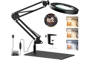 GOI 5X Magnifying LED Desk Lamp with Base & Clamp,Dimmable Magnifying Glass,3 Color Modes,10 Adjustable Brightness 2-in-1Magnifying Glass with Light and Stand,Adjustable Swivel Arm Lamp Craft Light