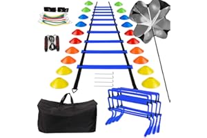 YHOTOGEA Fussball Trainingszubehör, Koordinationsleiter 6m mit 20 Hütchen, Einstellbar Hürden, Springseil, Widerstandsbänder, Widerstandsschirm,Fussball Trainingsset,Fussball Geschenke Jungen