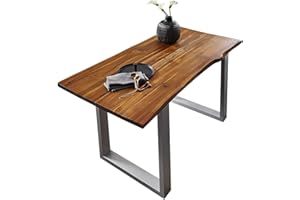 ‎SAM SAM Esstisch Esra 120 x 80 cm, Akazienholz massiv, cognacfarben, Baumkantentisch mit Metallgestell in Silber, Esszimmertisch mit Baumkantenplatte 26 mm, echte Baumkante, FSC® 100% Zertifiziert
