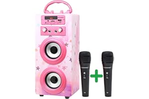 DYNASONIC - (3e génération) Enceinte Bluetooth Portable avec Mode karaoké et Microphone, Haut Parleur, Radio FM et Lecteur USB SD, Cadeau Fille Jouet Enfant (025-15)