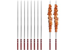 ZIMOER 8 Pezzi Spiedini Barbecue Piatti, Spiedini per Carne, Spiedini Piatti Acciaio Inossidabile, Riutilizzabile Spiedini BBQ con Manico in Legno per Carne, Verdure, Gamberi (60cm)
