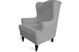 Greatime Stretch Wingback Chair Sofa Slipcover 1-Piece Sofa Cover Furniture Protector Couch Soft with Elastic Bottom Spandex Jacquard Fabric Small Checks(Wing Chair,Light Gray)