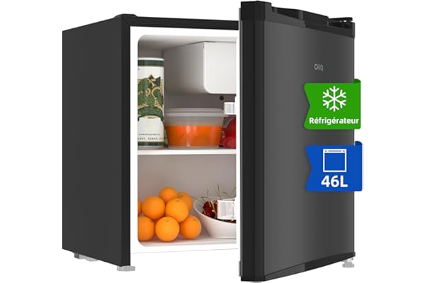 CHIQ CSD46D4E Mini Réfrigérateur 46L, 47x44,7 cm, Compact et Silencieux, Porte-bouteilles intégré, Thermostat réglable, Design moderne Noir, Idéal Chambre, Bureau, Cuisine, Salon