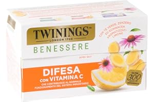 Twinings, Benessere Difesa, Tè Verde, Zenzero ed Echinacea Aromatizzati al Limone, con Vitamina C per il Benessere Immunitario, 1 Confezione da 18 Filtri