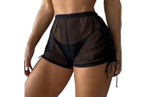 FeMereina Women's Drawstring Sheer Mesh Bikini Bottom High WaistSee Through Wrap Shorts Beach Cover Up Shorts