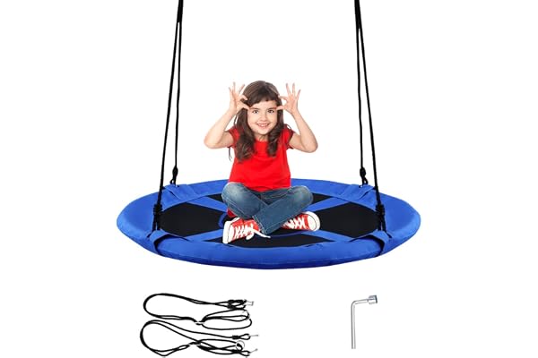 Costway Balançoire Nid d'Oiseau Ronde Ø 100CM, Charge Maximal 150KG, Balançoire Extérieure pour Enfants et Adultes, Hauteur Réglable de 100 à 180CM (Bleu)