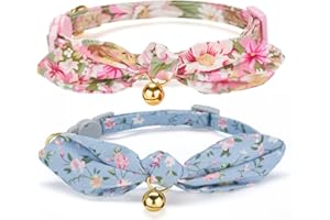 YUDOTE Weiches Baumwoll-Katzenhalsband mit Abnehmbarer, handgebundener Schleife, 2er Pack Kätzchenhalsbänder mit Schnellverschluss und Glocke, Blumendruck
