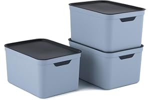 ROTHO Jive Set Dekobox A4 fog blue Lote de 3 cajas de 16 litros con tapa, Juego de 3 cajas de 16 l con tapa , azul/antracita, 3x16l (37.5 x 27.8 x 29.8 cm)