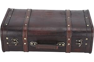 BORDSTRACT Vintage Wooden Case, 38 x 23 x 13.5cm Decorative Antique Treasure Chest Wooden Trunk, Portable Retro Suitcase Wooden Storage Box for Home Storage and Decoration