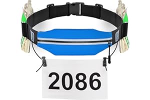 RJ-SPORT Slim Running Belt - Race Number Holder with 6 Energy Gel Loops for Workout, Jogging, Triathlon, Marathon, Running and Cycling, 02 Blue, One Size