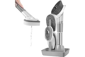 Brosse à Vaisselle avec Manche,[avec étagère de Rangement] Homtronics Brosse Vaisselle avec Reservoir,4 têtes Remplacement, 5 en 1 Distributeur Savon Multifonction pour Nettoyage Cuisine, Vaisselle