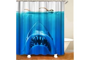 Fullfun Jaws shower curtain shark, Funny ocean-themed shower curtain set with 12 hooks, Cool waterproof and mold-proof bathroom curtains, 71 x 71 inches(180 x 180 cm)