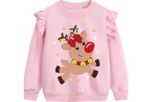DHASIUE Girls Christmas Jumper Santa Reindeer Xmas Childrens Kid Ruffle Long Sleeve Top Sweatshirt 1-7 Years