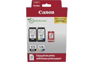Canon PG-575/CL-576 äkta bläckpatroner, paket med 2 (1 x svart, 1 x färg); inkluderar 50 ark med 4 x 6 fotopapper – kartong m
