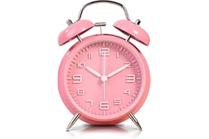 LATEC Reloj Despertador de Doble Campana con luz Nocturna, Gran Esfera de 4 Pulgadas, Batería de Reloj Despertador Ruidoso, sin Tictac, Silencioso, Timbre de Alarma Retro, Unidad de Cuarzo (Rosa)