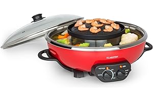 KLARSTEIN Szechuan - Hot Pot e Piastra, Grill Elettrico senza Fumo, Pentola Elettrica Multifunzione, 5 L, Hot Pot: 1350 Watt/38 cm Ø, Piastra: 600 W/22 cm Ø, Elemento Riscaldante in Alluminio, Rosso