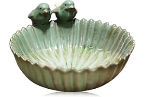 BORDEAG Bain pour oiseaux - Résistant à l'hiver - En céramique - Rond - Résistant au gel - Grand avec 2 oiseaux décoratifs - Pour oiseaux sauvages - Vert