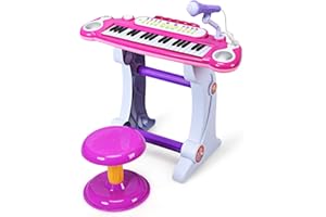 COSTWAY Piano Electronique à 37 Touches pour Enfants, avec Tabouret et Microphone, Instrument Educatif Musical, pour Les Tout-Petits (Rose)